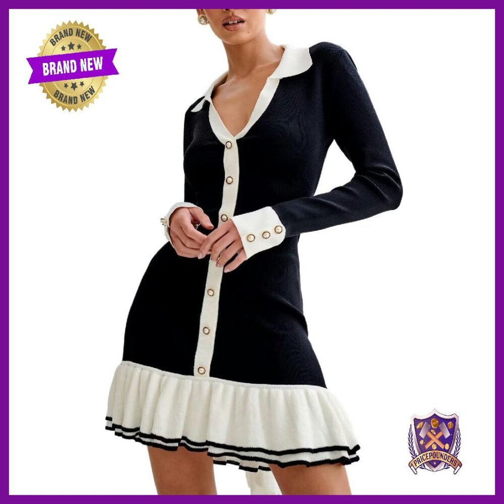 Long Sleeve Knit Sweater Dress with Ruffle Hem and Back Tie